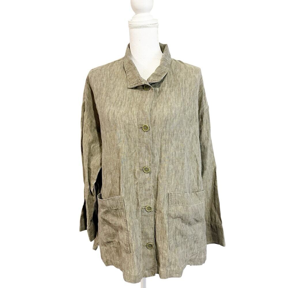 Eileen Fisher Womens 100% Organic Linen Button Down Blouse Size Medium Old Money